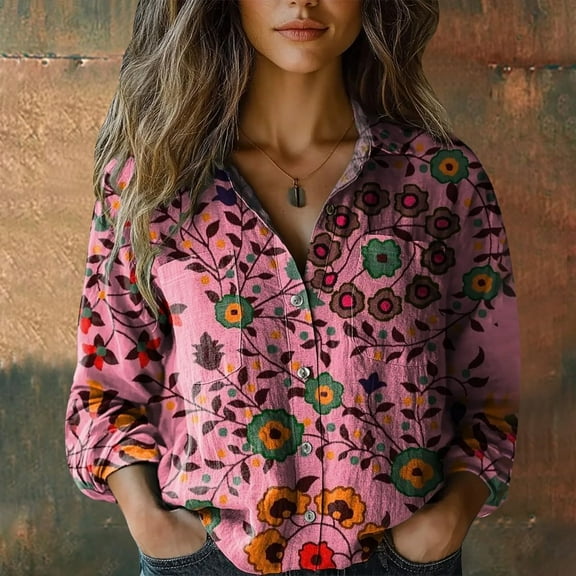 Womens Fall Boho Tops 2025 Retro Print Shirts Long Sleeve Casual Vacation Beach Outfits Button Down Blouse Plus Size