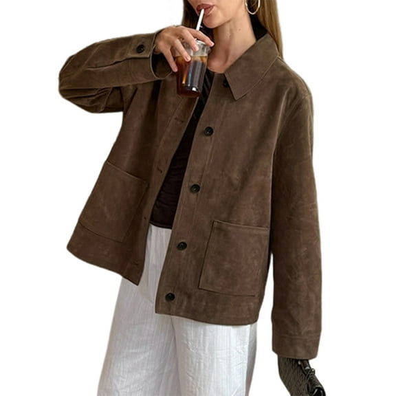 Womens Fall Boyfriend Faux Suede Leather Jacket Casual Midi Long Button Down Shacket Coat Brown S