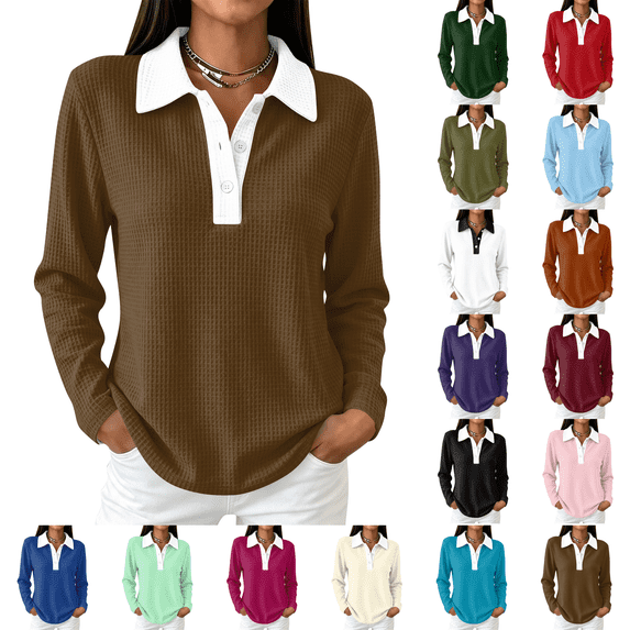 Womens Fall Button Polo Knit Dressy Casual Lightweight Sweaters Collared Work Business Pullover, Cute V Neck Long Sleeve Tops, Basic Warm Winter 2026 Trendy