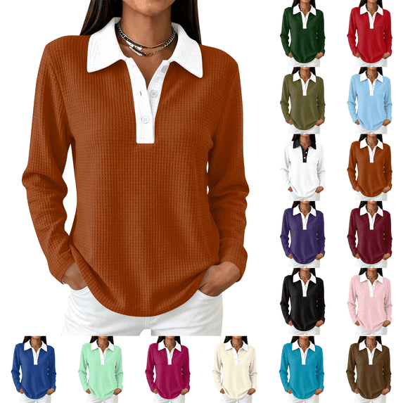 Womens Fall Button Polo Knit Dressy Casual Lightweight Sweaters Collared Work Business Pullover, Cute V Neck Long Sleeve Tops, Basic Warm Winter 2026 Trendy