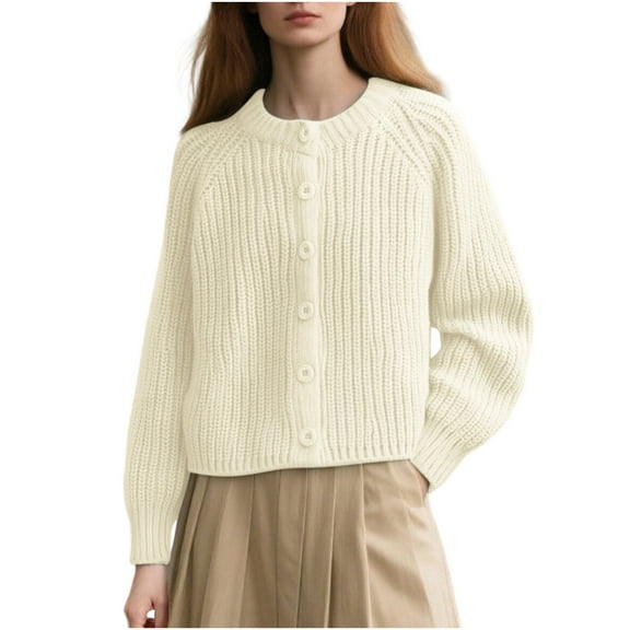 Womens Fall Cardigan Sweaters Crewneck Long Sleeve Knit Sweater Button Open Front Women Loose Cardigans Beige, M