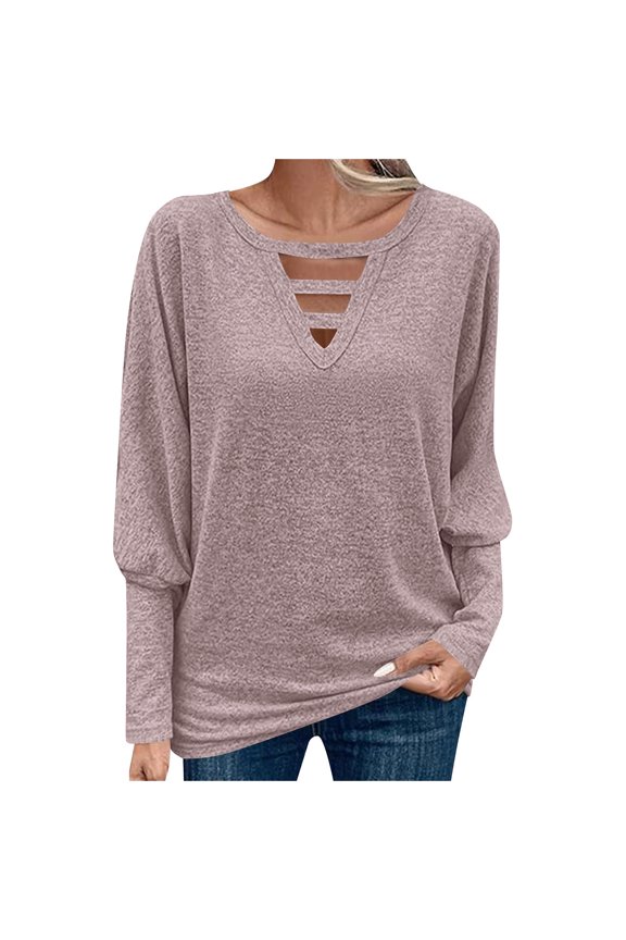 Womens Fall Casual Blouse Loose Skeleton V Neck Solid Color Fashion Tops Currents Long Sleeve Clothes