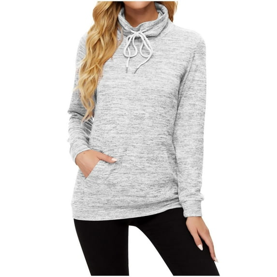 Womens Fall Casual Hoodies Pullover Sweatshirts Solid Tunic Top Long Sleeve Drawstring Sweater Tops With Pocket