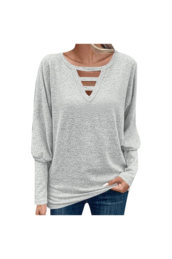 Womens Fall Casual Long Sleeve Blouse Loose Skeleton V Neck Solid Color Fashion Tops Clothes 2025 Trendy