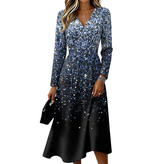 Womens Fall Casual Maxi Dresses Elastic Waist Wrap Crossover V Neck a Line Dress High Waist A-Line Swing Sundress