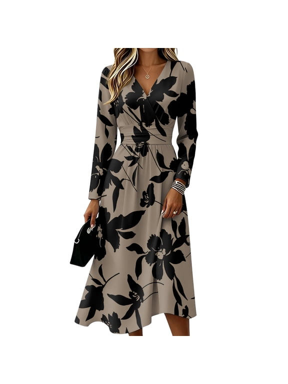 Womens Fall Casual Maxi Dresses Plus Size Flowy Casual V Neck Wrap Dress Elegant Formal Floral a Line Dress