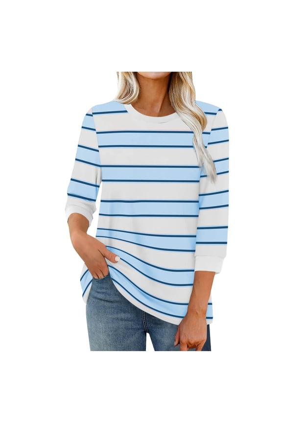 Womens Fall Clothes, 3/4 Sleeve Pullover for Women Fashion Loose Fit Striped Printed Crewneck Sweatshirts