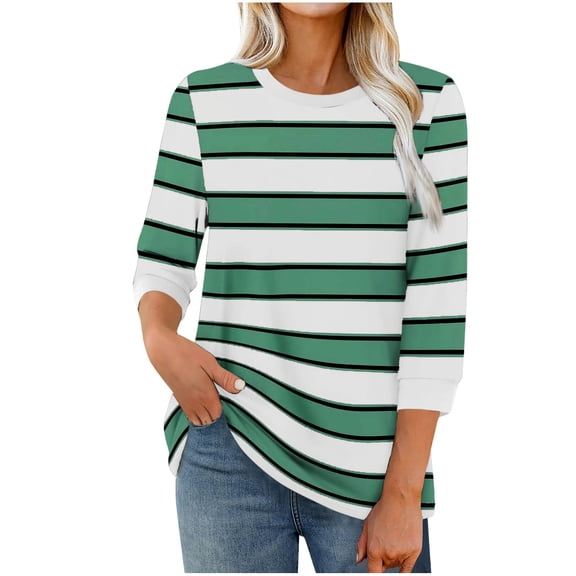 Womens Fall Clothes, 3/4 Sleeve Pullover for Women Fashion Loose Fit Striped Printed Crewneck Sweatshirts
