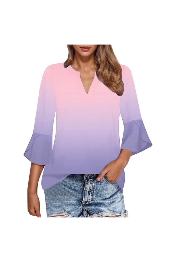 Womens Fall Clothes, 3/4 Sleeve Shirts for Women Fashion Loose Fit Ombre Tie Dye Ruffle Notch V Neck Tunic Tops with Legging