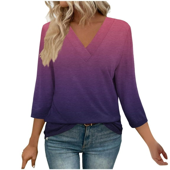 Womens Fall Clothes, 3/4 Sleeve Shirts for Women Fashion Loose Fit Ombre Tie Dye V Neck T-Shirts