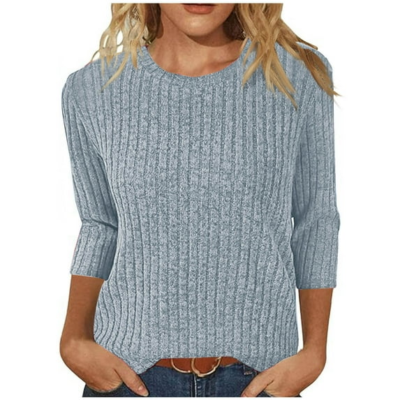 Womens Fall Clothes, 3/4 Sleeve Shirts for Women Fashion Loose Fit Solid Color Crewneck T-Shirts