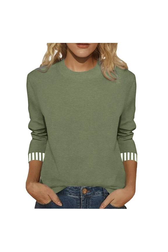 Womens Fall Clothes, 3/4 Sleeve Shirts for Women Fashion Loose Fit Solid Color Striped Printed Patchwork Crewneck T-Shirts