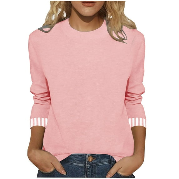 Womens Fall Clothes, 3/4 Sleeve Shirts for Women Fashion Loose Fit Solid Color Striped Printed Patchwork Crewneck T-Shirts