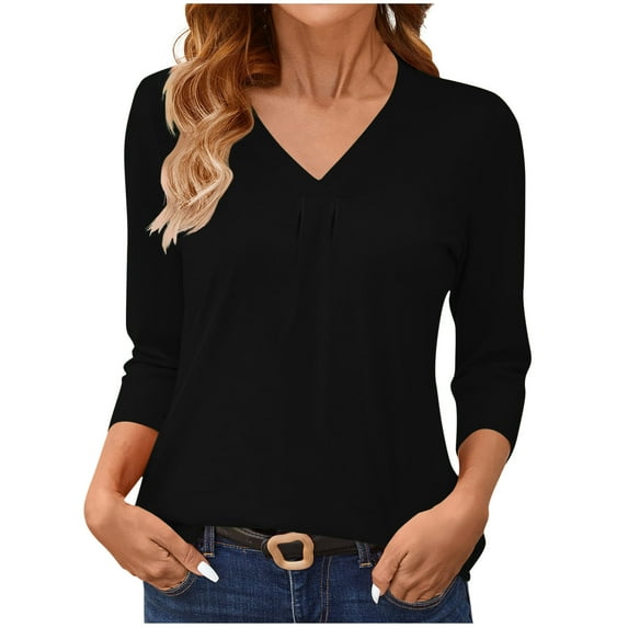 Womens Fall Clothes, 3/4 Sleeve Shirts for Women Summer Casual Loose Fit Solid Color V Neck T-Shirts