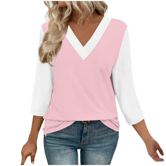 Womens Fall Clothes, 3/4 Sleeve Shirts for Women Summer Fashion Loose Fit Color Patchwork V Neck T-Shirts
