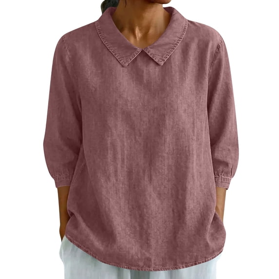 Womens Fall Clothes, 3/4 Sleeve Shirts for Women Summer Fashion Loose Fit Solid Color Lapel V Neck T-Shirts