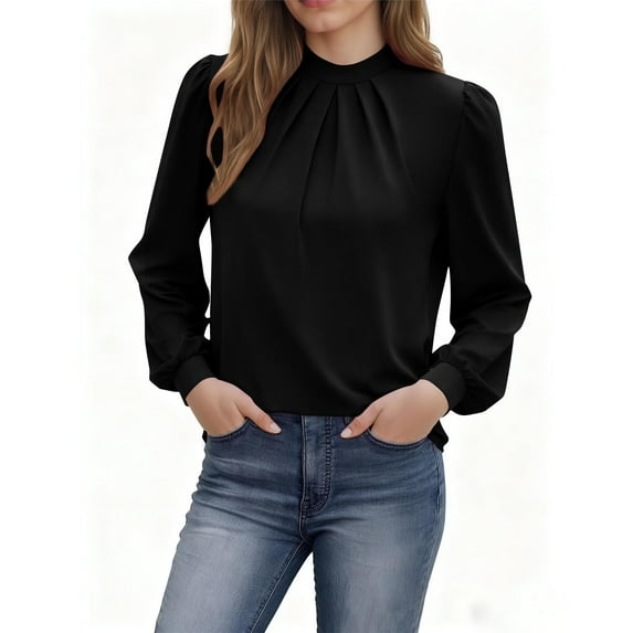 Womens Fall Clothes, Blouses for Women Dressy Casual Loose Fit Solid Color Ruched Crewneck Long Sleeve Shirts