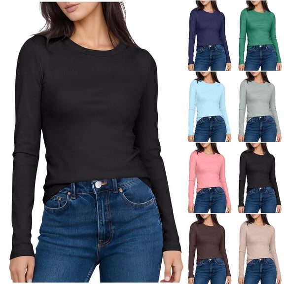 Womens Fall Clothes Clear sale Casual Fashion Round-Neck Solid Color Long Sleeved Base Layer Blouses Lightweight Base Layer Undershirt Tees