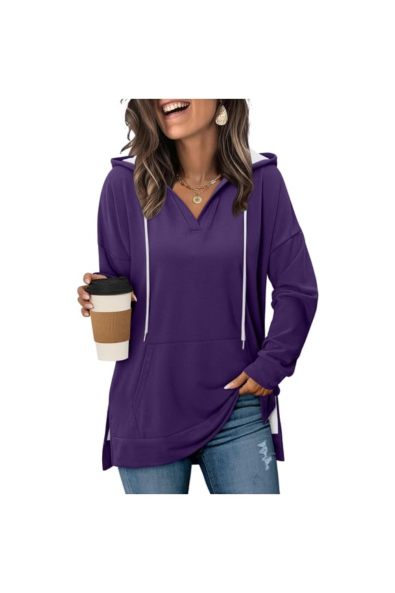 Womens Fall Clothes Clear sale Fashion Casual Long Sleeve V-Neck Hooded Blouse Pocket Ladies Drawing Top Lightweight Base Layer Undershirt Tees