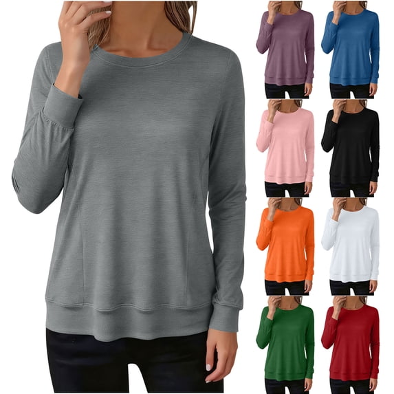 Womens Fall Clothes Clear sale Round Neck Solid Color Loose Fitting Long Sleeve Hoodless Sweatshirts Lightweight Base Layer Undershirt Tees
