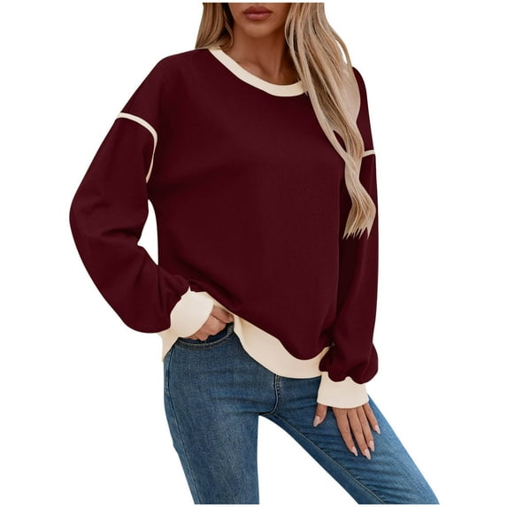 Womens Fall Clothes, Long Sleeve Pullover for Women Fashion Loose Fit Color Patchwork Crewneck Sweatshirts