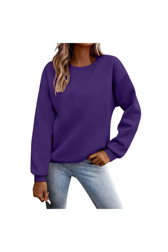 Womens Fall Clothes, Long Sleeve Pullover for Women Fashion Loose Fit Solid Color Crewneck Sweatshirts