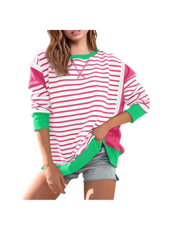 Womens Fall Clothes, Long Sleeve Pullover for Women Fashion Loose Fit Striped Printed Color Patchwork Crewneck Sweatshirts