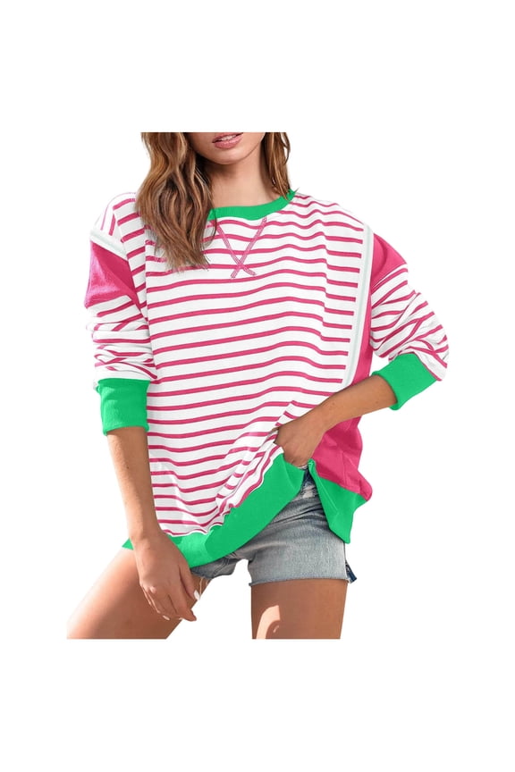 Womens Fall Clothes, Long Sleeve Pullover for Women Fashion Loose Fit Striped Printed Color Patchwork Crewneck Sweatshirts