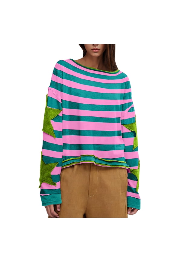 Womens Fall Clothes, Long Sleeve Shirts for Women Casual Loose Fit Striped Printed Patchwork Crewneck T-Shirts S-2XL
