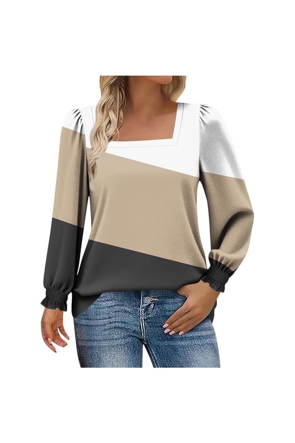 Womens Fall Clothes, Long Sleeve Shirts for Women Fashion Loose Fit Color Patchwork Square Neck T-Shirts Basic Tops