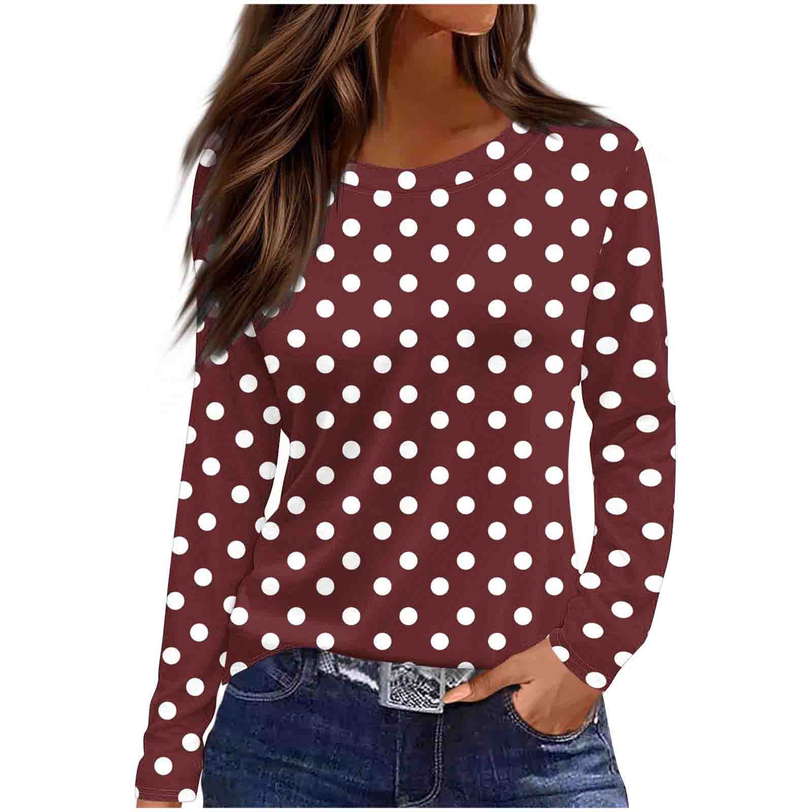 Womens Fall Clothes, Long Sleeve Shirts for Women Fashion Loose Fit Dots Printed Crewneck T-Shirts