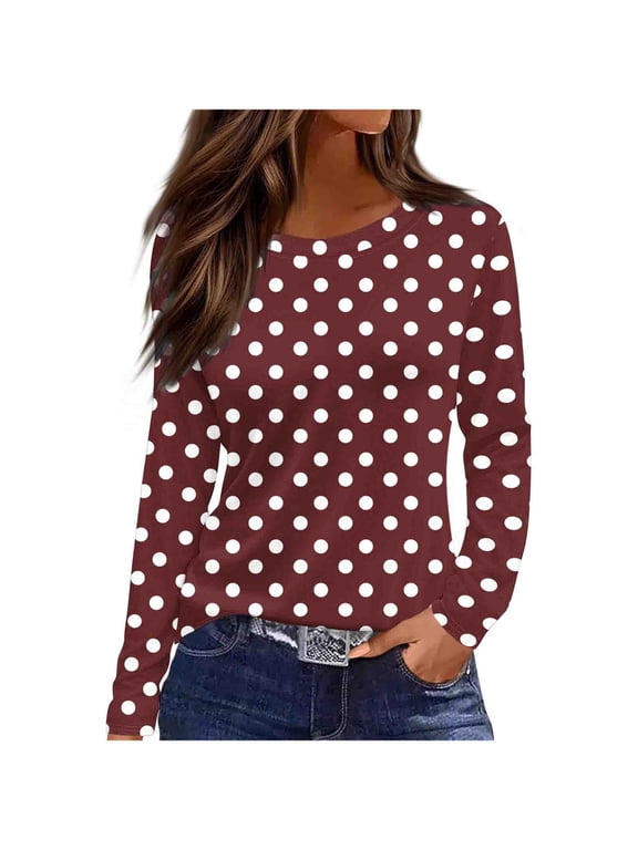 Womens Fall Clothes, Long Sleeve Shirts for Women Fashion Loose Fit Dots Printed Crewneck T-Shirts