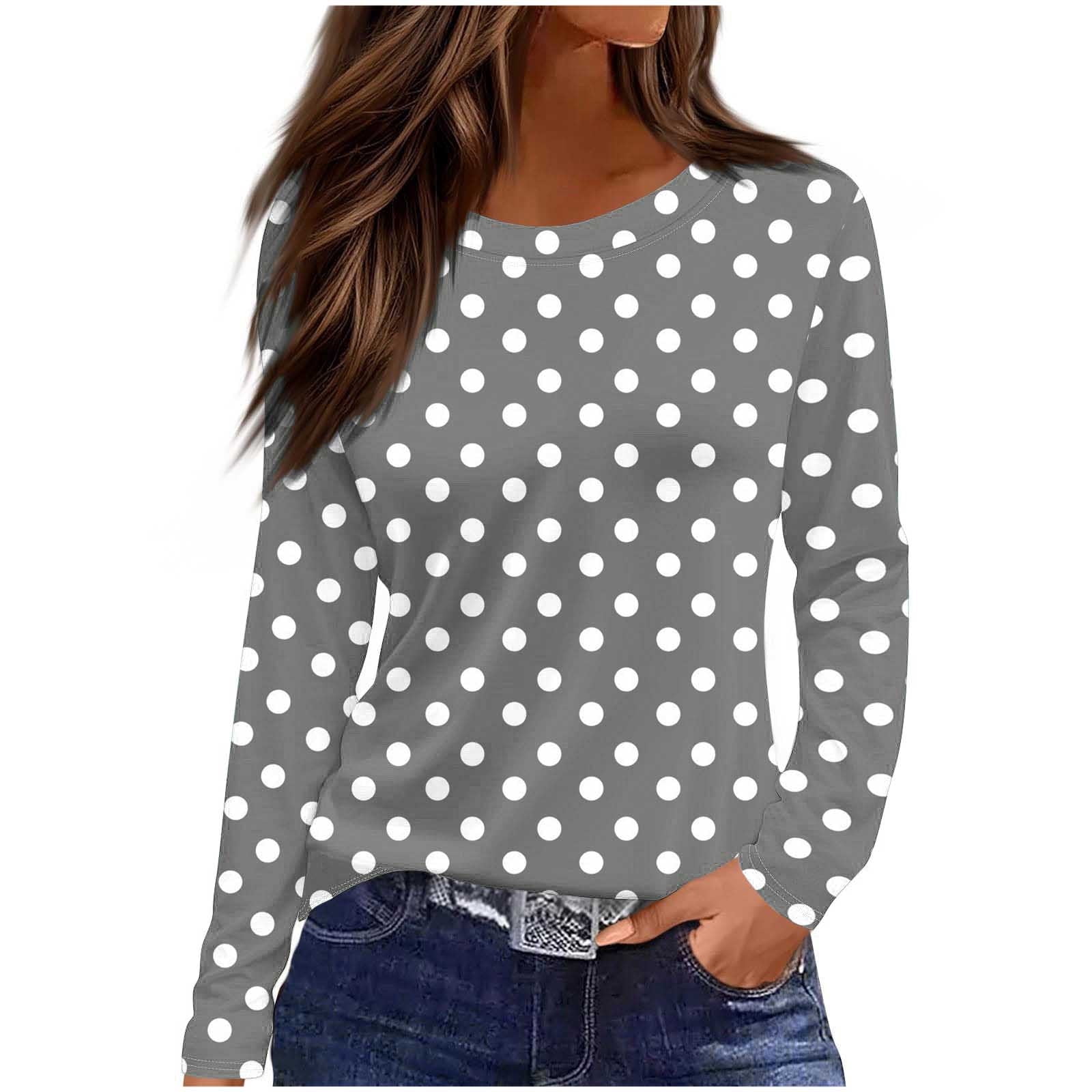 Womens Fall Clothes, Long Sleeve Shirts for Women Fashion Loose Fit Dots Printed Crewneck T-Shirts