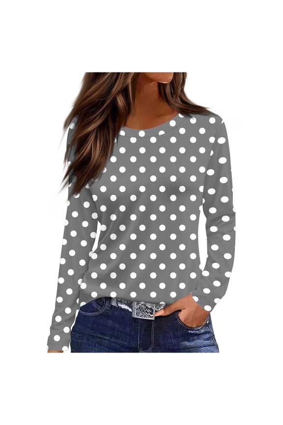 Womens Fall Clothes, Long Sleeve Shirts for Women Fashion Loose Fit Dots Printed Crewneck T-Shirts