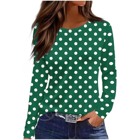 Womens Fall Clothes, Long Sleeve Shirts for Women Fashion Loose Fit Dots Printed Crewneck T-Shirts