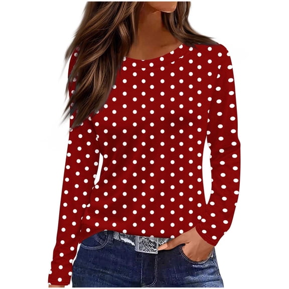 Womens Fall Clothes, Long Sleeve Shirts for Women Fashion Loose Fit Dots Printed Crewneck T-Shirts