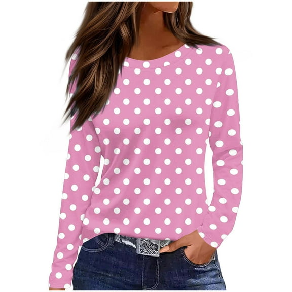 Womens Fall Clothes, Long Sleeve Shirts for Women Fashion Loose Fit Dots Printed Crewneck T-Shirts