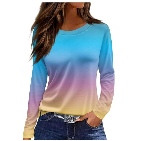 Womens Fall Clothes, Long Sleeve Shirts for Women Fashion Loose Fit Ombre Tie Dye Crewneck Tees T-Shirts