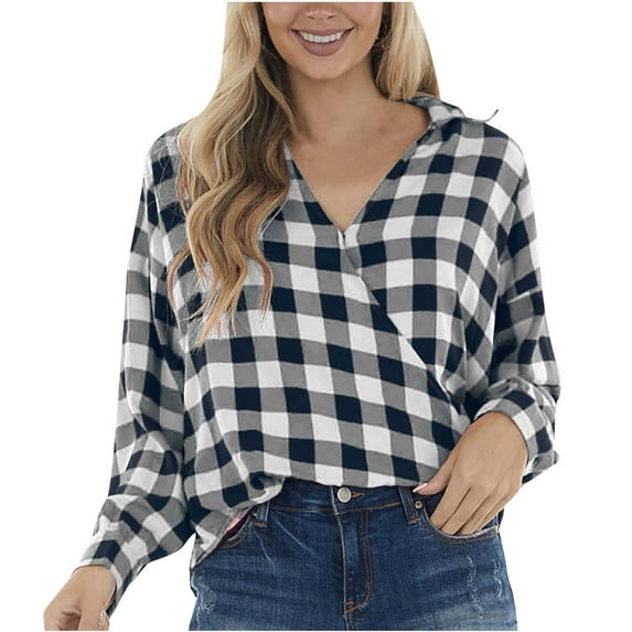 Womens Fall Clothes, Long Sleeve Shirts for Women Fashion Loose Fit Plaid Printed Crisscross V Neck T-Shirts with Buttons