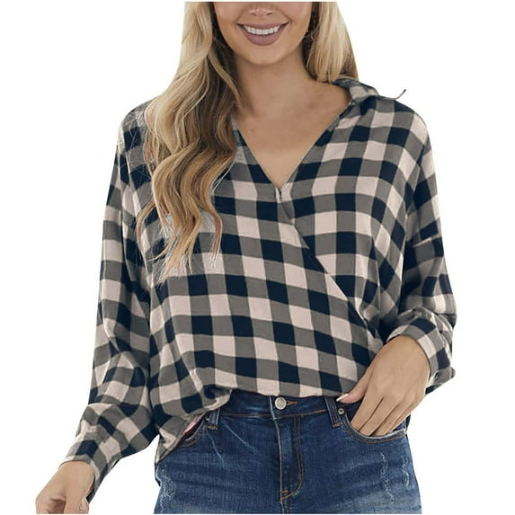 Womens Fall Clothes, Long Sleeve Shirts for Women Fashion Loose Fit Plaid Printed Crisscross V Neck T-Shirts with Buttons