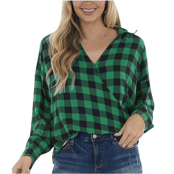 Womens Fall Clothes, Long Sleeve Shirts for Women Fashion Loose Fit Plaid Printed Crisscross V Neck T-Shirts with Buttons