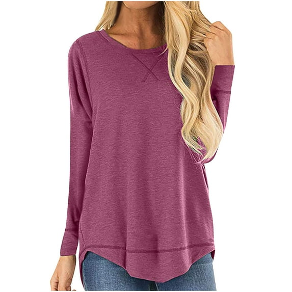 Womens Fall Clothes, Long Sleeve Shirts for Women Fashion Loose Fit Solid Color Basic Crewneck T-Shirts