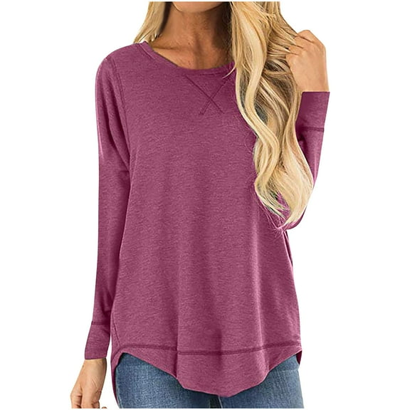Womens Fall Clothes, Long Sleeve Shirts for Women Fashion Loose Fit Solid Color Basic Crewneck T-Shirts