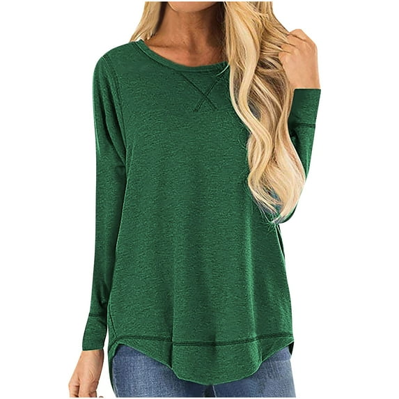 Womens Fall Clothes, Long Sleeve Shirts for Women Fashion Loose Fit Solid Color Basic Crewneck T-Shirts