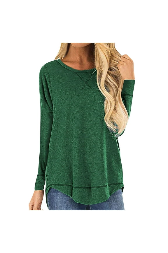 Womens Fall Clothes, Long Sleeve Shirts for Women Fashion Loose Fit Solid Color Basic Crewneck T-Shirts