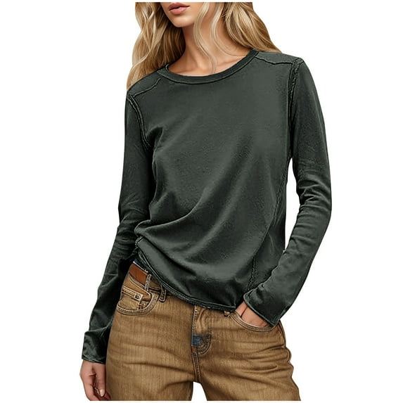 Womens Fall Clothes, Long Sleeve Shirts for Women Fashion Loose Fit Vintage Solid Color Crewneck T-Shirts