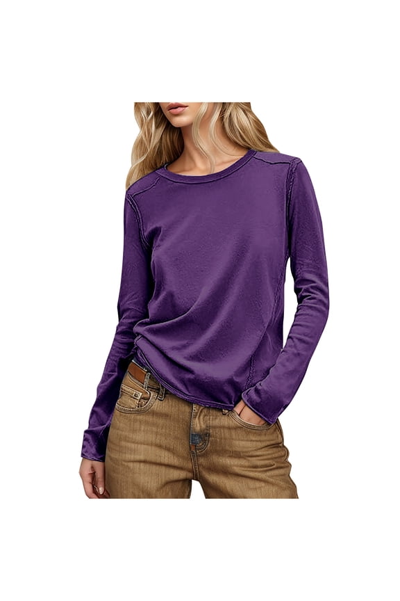 Womens Fall Clothes, Long Sleeve Shirts for Women Fashion Loose Fit Vintage Solid Color Crewneck T-Shirts
