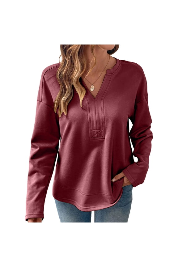 Womens Fall Clothes, Long Sleeve Shirts for Women Fashion Loose Fit Vintage Solid Color Notch V Neck T-Shirts