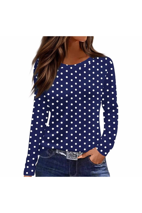Womens Fall Clothes, Long Sleeve Shirts for Women Fashion Polka Dots Printed Crewneck T-Shirts Mothers Day Gifts