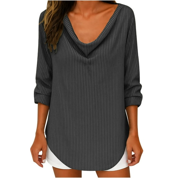Womens Fall Clothes, Long Sleeve Shirts for Women Lightweight Casual Striped Printed Ruched Crewneck Dressy Blouses S-3XL